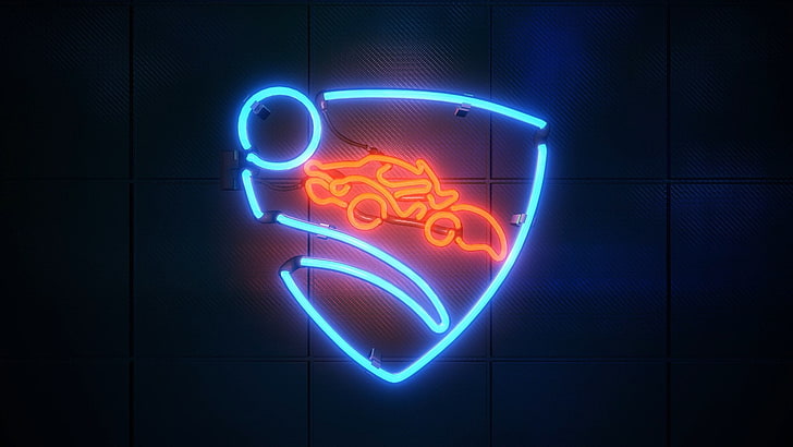escudo laranja e azul sinalização de luz de neon, abstrato, foguete, luzes de neon, HD papel de parede