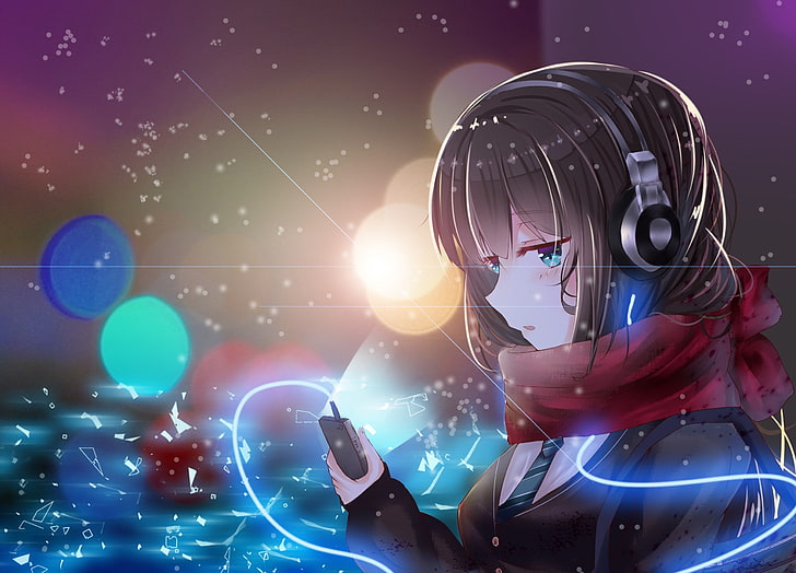 gadis anime, anime, headphone, syal, Shibuya Rin, Wallpaper HD