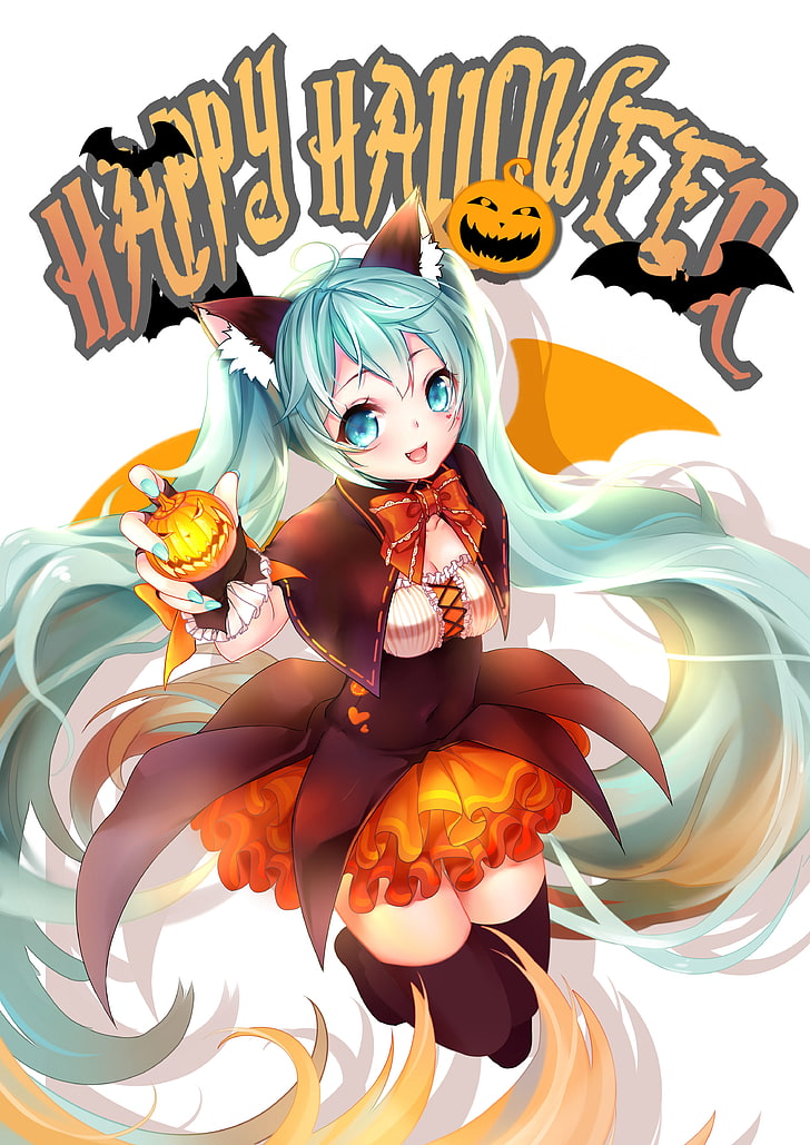 pumpkin, Halloween, witch, nekomimi, neko ears, animal ears, Hatsune Miku, Vocaloid, HD wallpaper