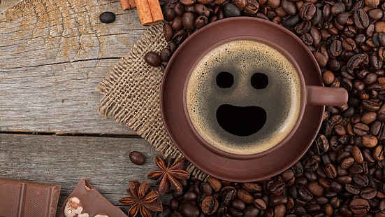 кофе, чашка, завтрак, зерно, смайлик, шоколад, еда, восхитительно, смешно, HD обои HD wallpaper