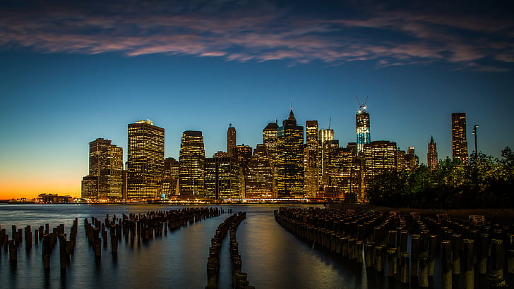 city scapes at golden hour, NYC, scapes, golden hour, New York  New York, New York City, Skyline, Cityscape, Night, Dusk, Sunset, Blue Hour, Pier, Pillar, Leading Line, Water, River, Reflection, Downtown, Lights, Canon 5D Mark III, Mark 3, urban Skyline, uSA, skyscraper, architecture, famous Place, downtown District, city, manhattan - New York City, urban Scene, HD wallpaper