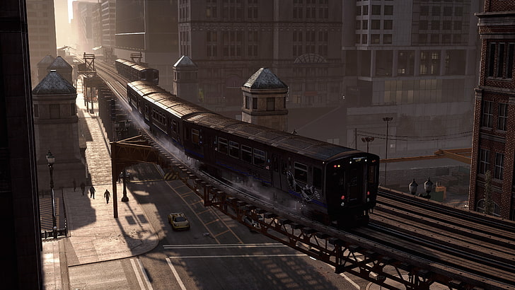 black train near building, Watch Dogs, game, action, adventure, train, city, rails, screenshot, 4k, 5k, PC, 2015, HD wallpaper
