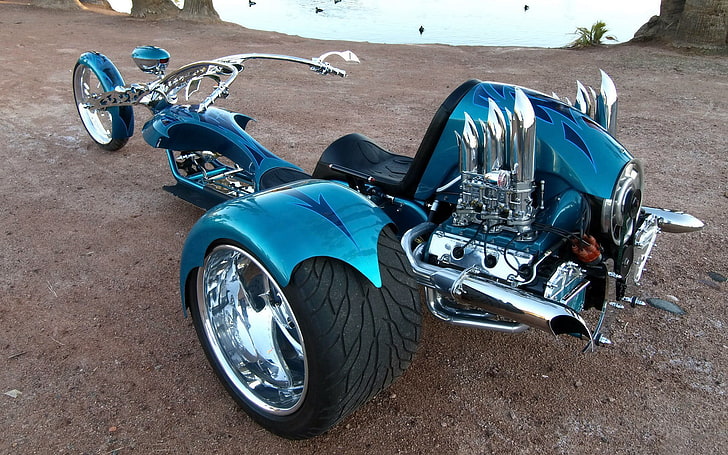 blue 3-wheeled motorcycle, DESIGN, CHROME, TUNING, TRICYCLE, TRIKE, HD wallpaper