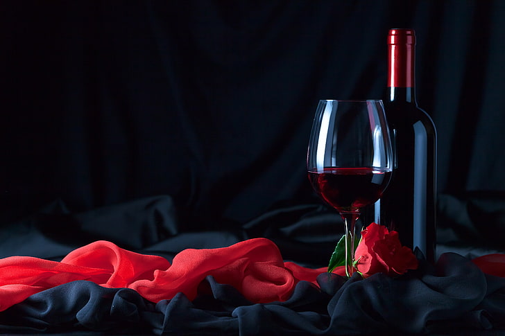 زهرة ، نبيذ ، زجاج ، وردة ، زجاجة ، قماش ، أسود ، أحمر، خلفية HD
