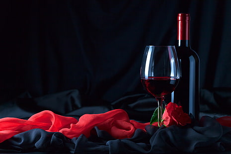 цветок, вино, бокал, роза, бутылка, ткань, черный, красный, HD обои HD wallpaper