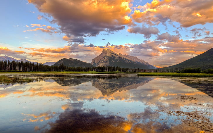 alam, pemandangan, pegunungan, awan, refleksi, danau, Banff, Kanada, Wallpaper HD
