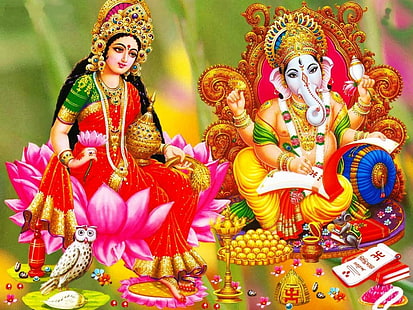Lakshmi ve Ganesha, iki çeşitli Hindu tanrıları illüstrasyon, Tanrı, Lord Ganesha, HD masaüstü duvar kağıdı HD wallpaper