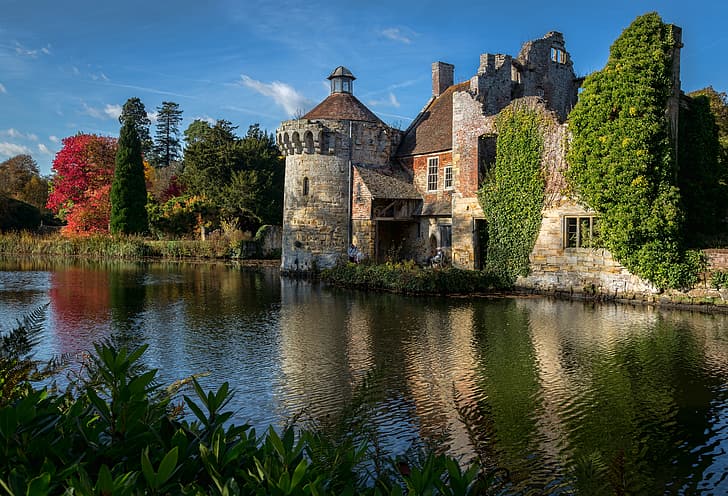 landscape, nature, pond, castle, England, Kent, gardens, Scotney Castle, HD wallpaper