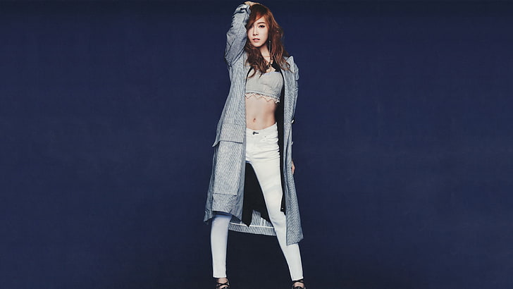 women  Jessica Jung  Korean  Asian  arms up  model  K-pop  Girls Generation  SNSD  blue background, HD wallpaper