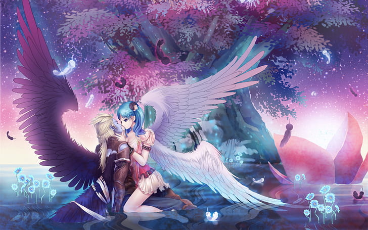 Anime menina e seu amante, anjo, árvore, noite, Anime, menina, ela, amante, anjo, árvore, noite, HD papel de parede