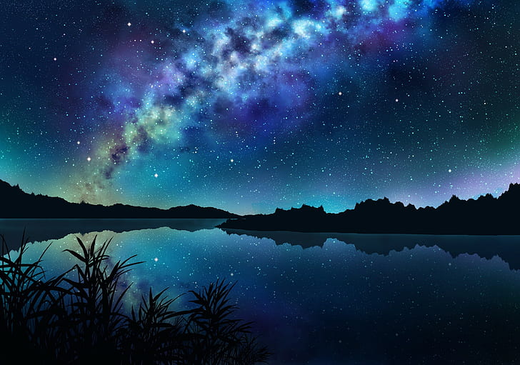 небо, звёзды, пейзаж, ночь, деревья, темно, трава, Никто, отражение, вода, HD обои