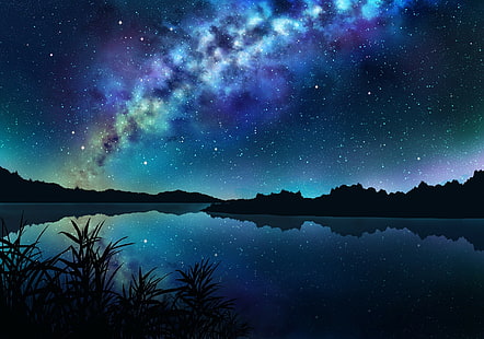 небо, звёзды, пейзаж, ночь, деревья, темно, трава, Никто, отражение, вода, HD обои HD wallpaper
