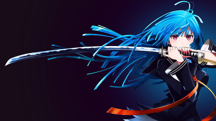 刀、木更天堂、黒弾丸、アニメの女の子、アニメ、剣、青い髪、長い髪、 HDデスクトップの壁紙