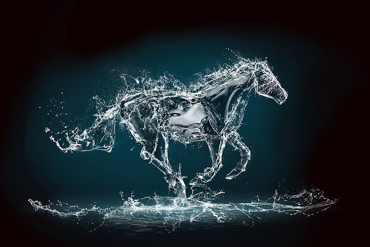 water horse illustration, water, squirt, rendering, background, horse, jump, HD wallpaper