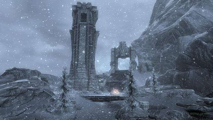 Skyrim Remastered, The Elder Scrolls V: Skyrim, PC gaming, screen shot, In-Game Photography, High Hrothgar, snow, mountain pass, Greybeards, HD wallpaper