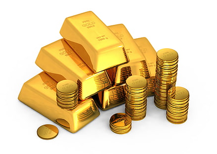 ทองคำแท่ง, ทอง, แท่ง, เหรียญ, พื้นหลังสีขาว, เงิน, วอลล์เปเปอร์ HD HD wallpaper