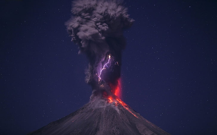 иллюстрация серого вулкана, молния, вулкан, HD обои