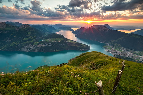горы, закат, горы, озеро, Швейцария, Альпы, панорама, озеро Люцерн, HD обои HD wallpaper