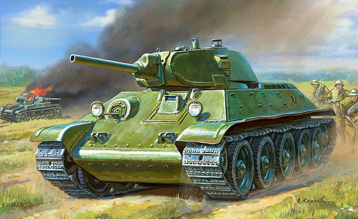 녹색 육군 트럭 그림, 그림, 제 2 세계, 소련, 붉은 군대, 중형 탱크, T-34 / 76, Zhirnov, 1940., HD 배경 화면