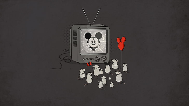Classic Mickey Mouse artwork, mice, Mickey Mouse, television sets, balloon, humor, artwork, simple background, HD wallpaper