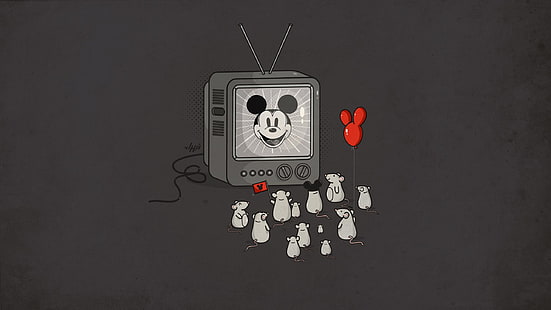 Arte clássica de Mickey Mouse, ratos, Mickey Mouse, aparelhos de televisão, balão, humor, arte, fundo simples, HD papel de parede HD wallpaper