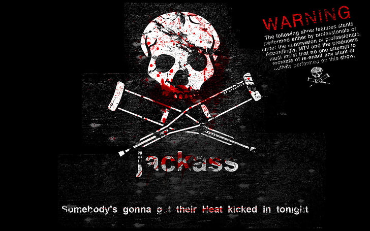 Jackass logo, blood, skull, phrase, Cranks, crutches, HD wallpaper