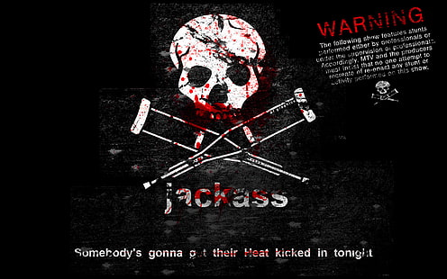 Logotipo de Jackass, sangre, cráneo, frase, manivelas, muletas, Fondo de pantalla HD HD wallpaper