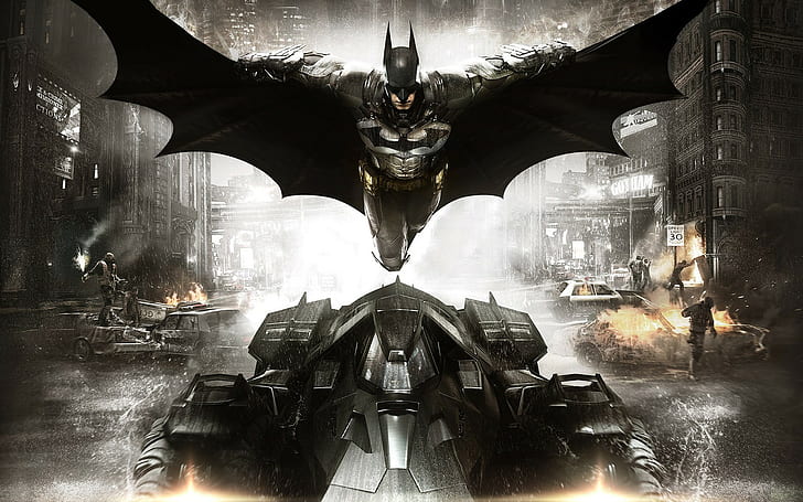 Batman: Arkham Knight Game, Batman: Arkham Knight, Bruce Wayne, Defender, боец, полет, нос, броня, оборудване, Batmobile, стомана, град, дим, коли, къщи, Rocksteady Studios, Warner Bros. Interactive Entertainment, HD тапет