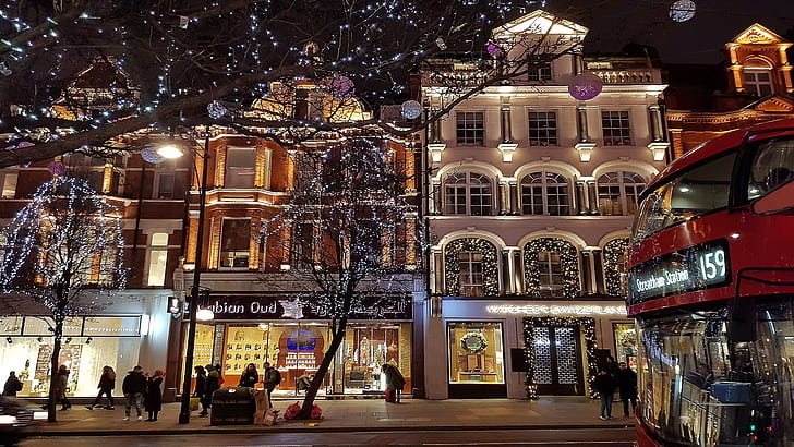 Лондон, Коледа, Коледа, нощ, коледни светлини, коледна украса, улица, фасада, сгради, вечер, HD тапет
