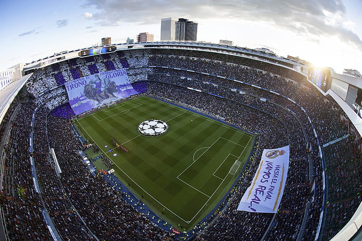 Стадион Сантьяго Бернабеу, Реал Мадрид, футбол, футбольное поле, футбольные клубы, Лига чемпионов, толпа, стадион, HD обои