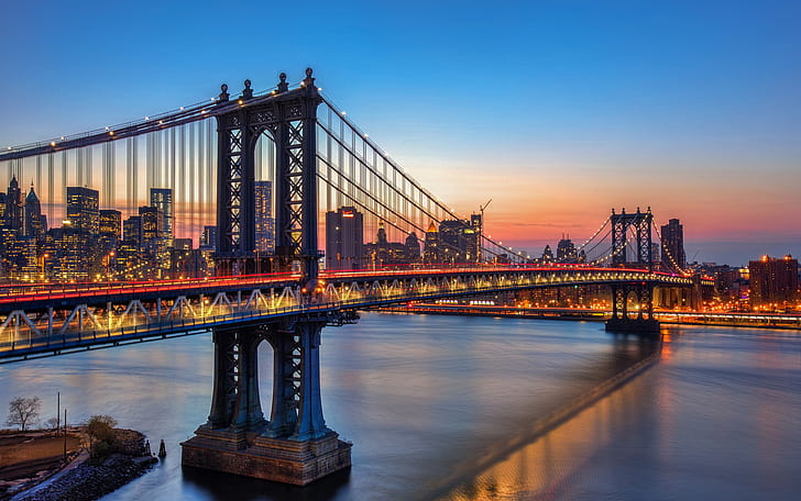Ponti, Manhattan Bridge, Luce, New York, Tramonto, Stati Uniti d'America, Sfondo HD