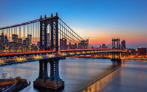 Мосты, Манхэттенский Мост, Свет, Нью-Йорк, Закат, США, HD обои HD wallpaper