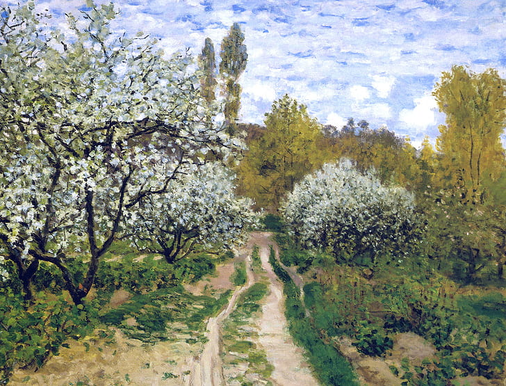 пейзаж, картина, весна, сад, Клод Моне, Деревья в цвету, HD обои