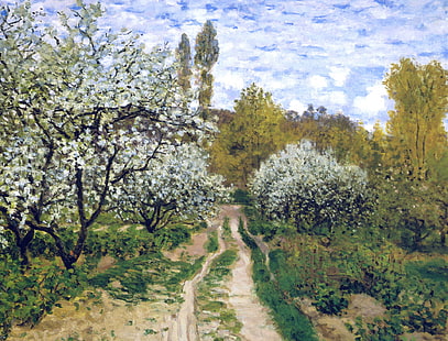 пейзаж, картина, весна, сад, Клод Моне, Деревья в цвету, HD обои HD wallpaper