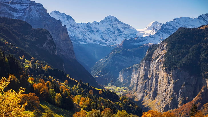 lauterbrunnental, schweizer alpen, berg, wildnis, bergkette, tal, himmel, bern, massiv, alpen, lauterbrunnen, schweiz, HD-Hintergrundbild