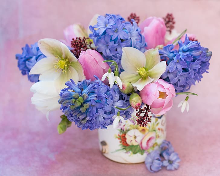 background, bouquet, snowdrops, tulips, hyacinths, hellebore, HD wallpaper