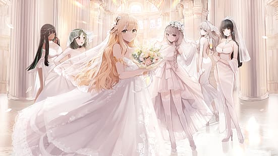 anime, chicas anime, vestido de novia, rubia, pelo largo, Fondo de pantalla HD HD wallpaper