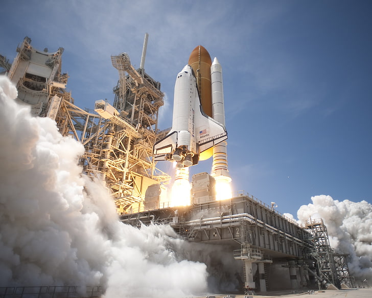 NASA, Space Shuttle Atlantis, space shuttle, smoke, platform, HD wallpaper