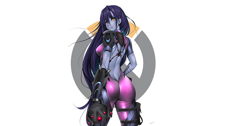 wallpaper karakter wanita berambut ungu, anime, anime girls, Overwatch, Widowmaker (Overwatch), bodysuit, pantat, rambut panjang, mata kuning, rambut ungu, Wallpaper HD