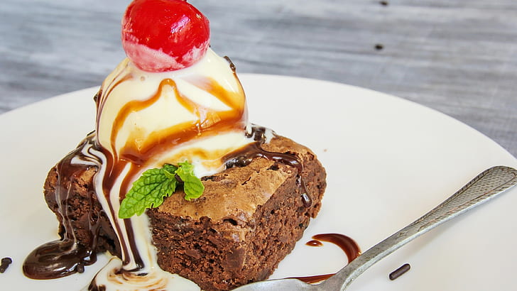 Süßes Essen, Schokoladenkuchen, Dessert, Kirsche, Brownies mit Eis und Kirsche, Süß, Essen, Schokolade, Kuchen, Dessert, Kirsche, HD-Hintergrundbild