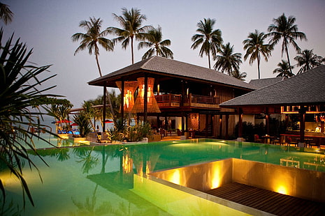Спа плажен хотел, безкраен басейн, екзотичен, хотел, тропически, острови, курорт, плаж, океан, рай, лукс, басейн, остров, светлини, плуване, HD тапет HD wallpaper