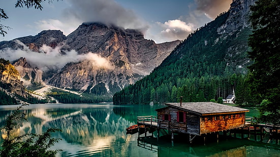 Национальный парк Банф, Канада, озеро, горы, пейзаж, здания, Италия, облака, лодка, дом, HD обои HD wallpaper