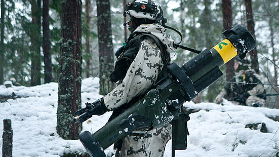 army, soldier, Finnish Defence Forces, rocket launcher, winter, snow, camo, HD wallpaper HD wallpaper