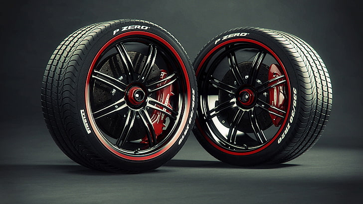 два черно-красных 8-спицевых колеса автомобиля и шины с комплектом дискового тормоза, шины, диски, суппорт, Pirelli, тормозной диск, HD обои