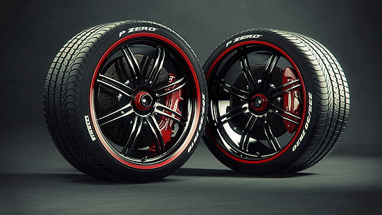 два черно-красных 8-спицевых колеса автомобиля и шины с комплектом дискового тормоза, шины, диски, суппорт, Pirelli, тормозной диск, HD обои HD wallpaper