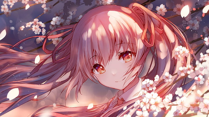 vocaloid, hatsune miku, fiore di sakura, sorridente, foglie, anime, Sfondo HD
