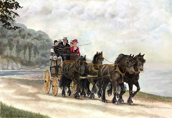 Сценический тренер, люди на вагоне рисуют, пассажиры, лошади, водитель, тренер, транспорт, животные, HD обои
