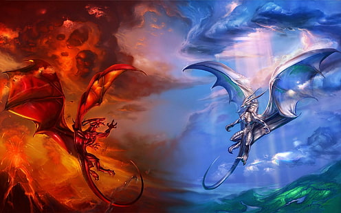 Огонь против Ледяного Дракона, огонь, дракон, рай, ад, HD обои HD wallpaper