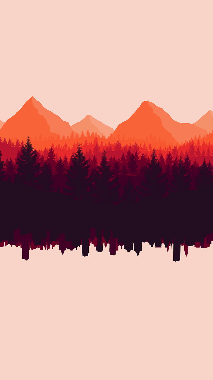 illustrazione di alberi e montagne neri e arancioni, arte digitale, visualizzazione verticale, natura, alberi, foresta, paesaggio urbano, edificio, montagne, sottosopra, sfondo semplice, Sfondo HD, sfondo telefono