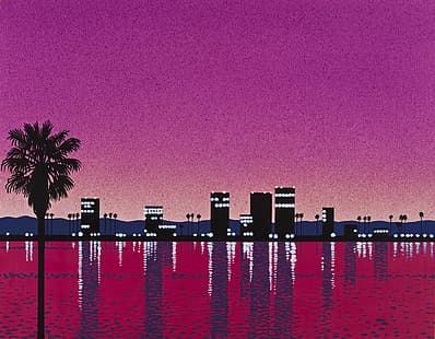 Hiroshi Nagai, Retrowave, pittura, acqua, palme, paesaggio urbano, luci, rosa, Sfondo HD HD wallpaper